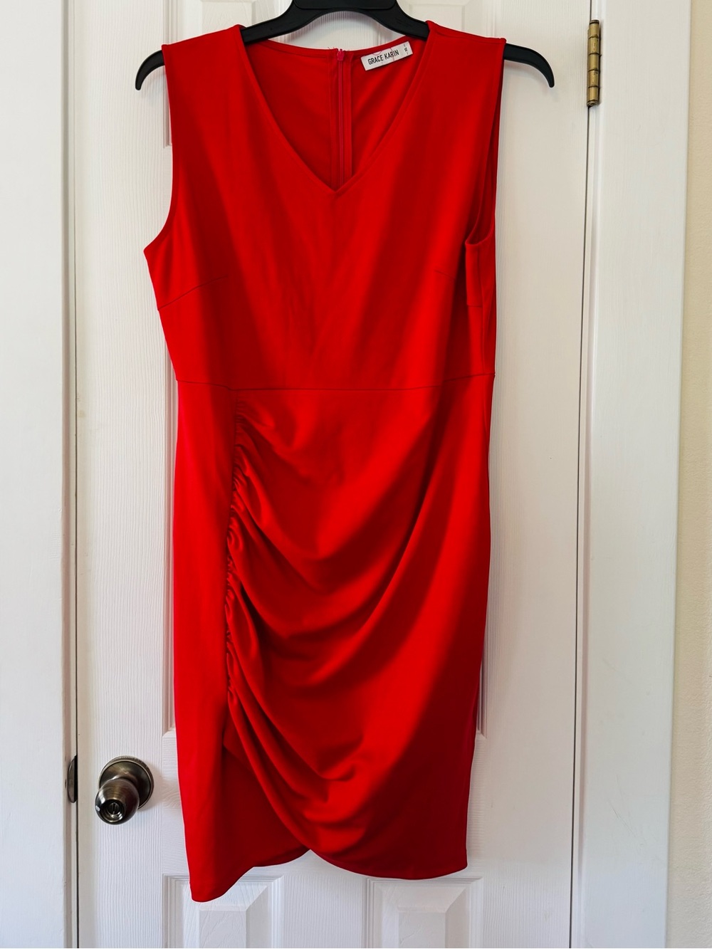 Grace Karin Red Ruched Bodycon Dress Sleeveless V-Neck Stretch Midi XL